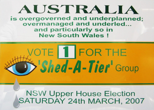 Australia is Overgoverned & Underplanned Vote 1 Shed A Tier! Group Version 3 sign