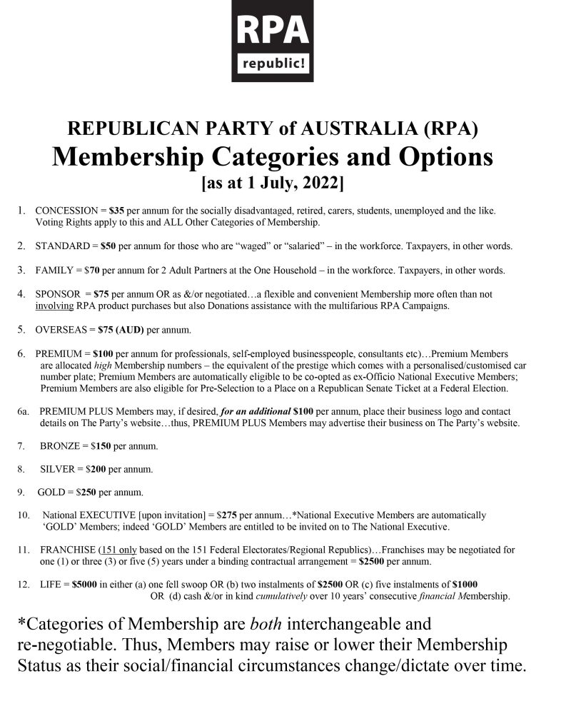RPA MEMBERSHIP CATEGORIES and OPTIONS July 2022