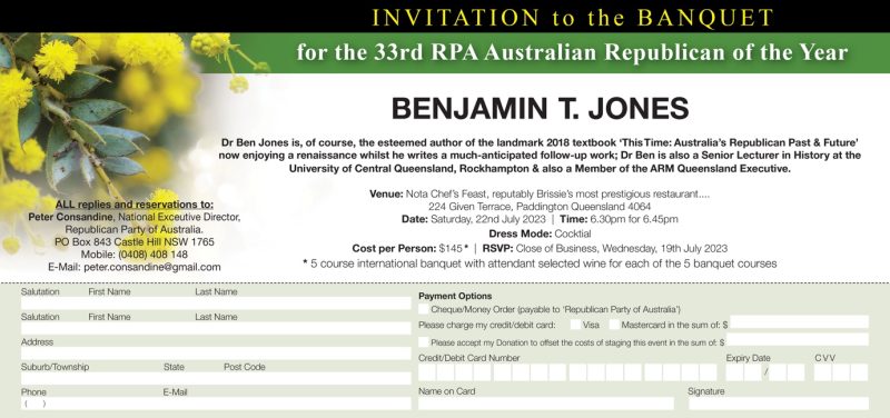 Invitation to the Banquet for the 33rd RPA Australian Republican of the Year
